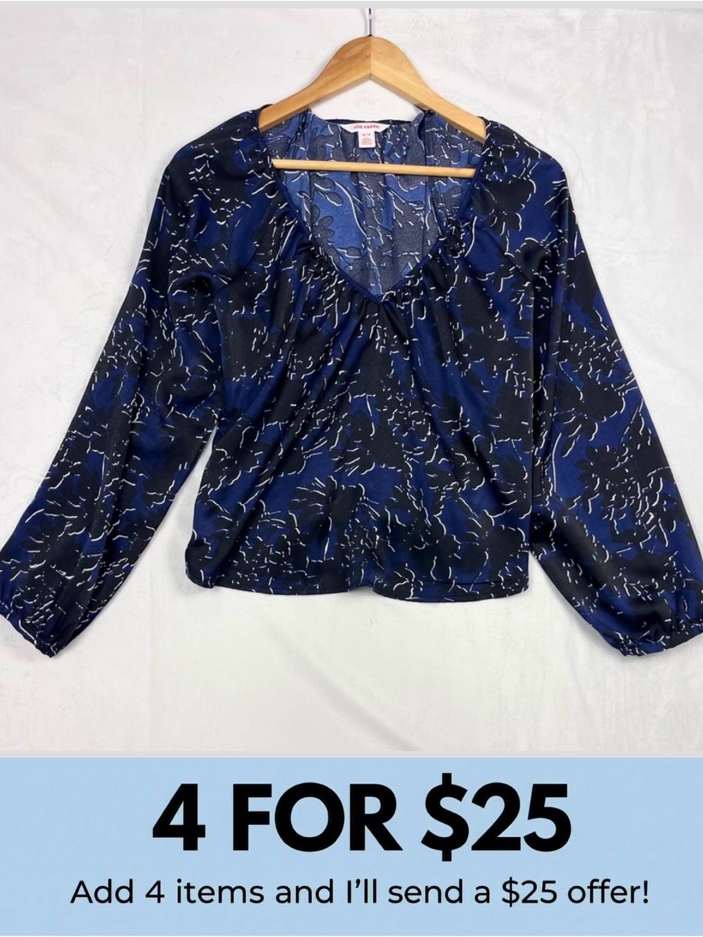 Joe Fresh Floral Peasant Blouse Navy Blue Long Sleeve Boho Top Size XS